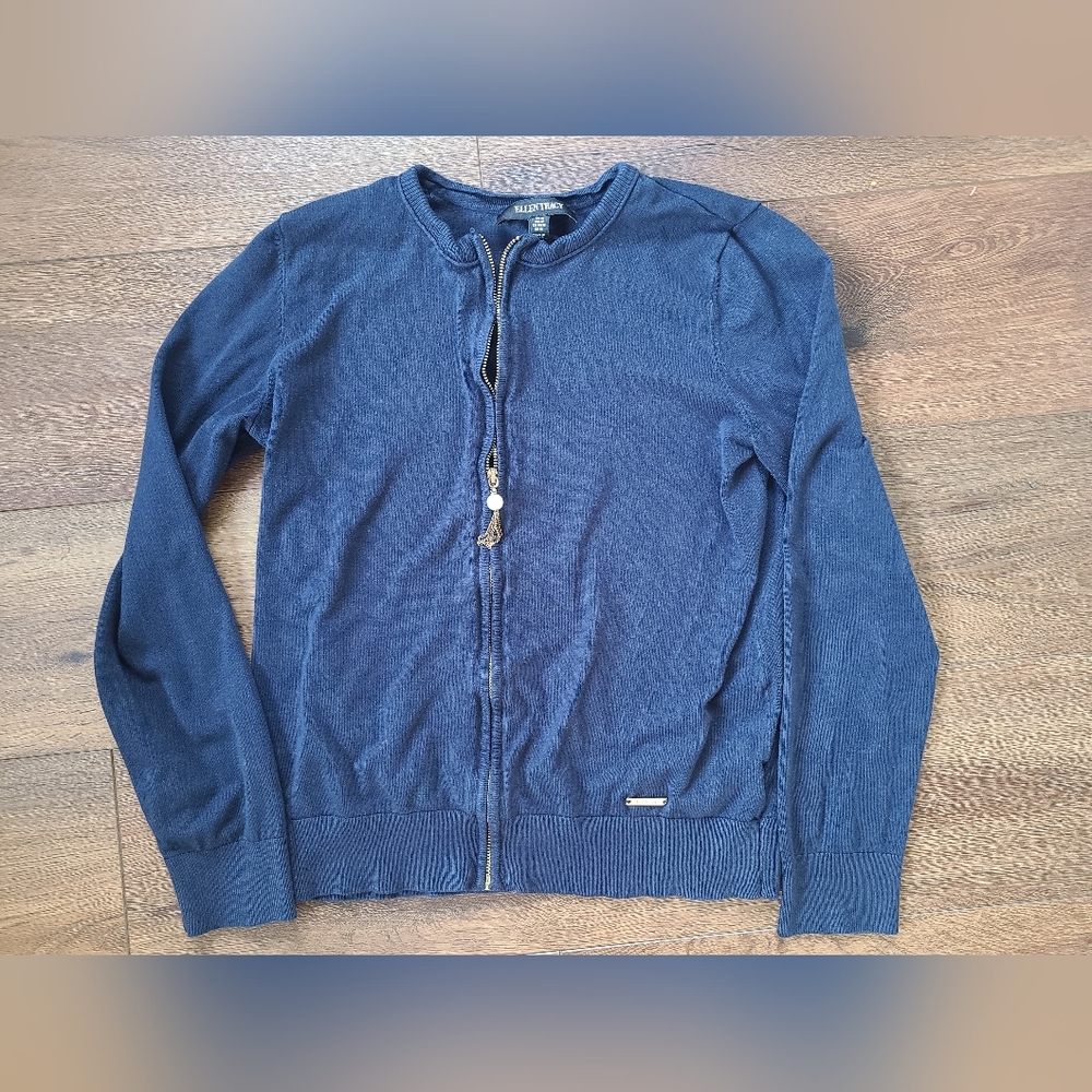 Ellen Tracy Navy Blue embellished zip up sweater sz M